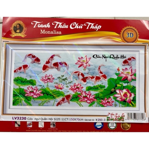 Tranh thêu Cửu ngư quần hội LV3230, tranh 3D, kích thước 150 x 70 cm