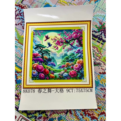 Tranh thêu kín Hoa mùa xuân 8K078, thêu 4 sợi, 9CT, kích thước 75 x75 cm