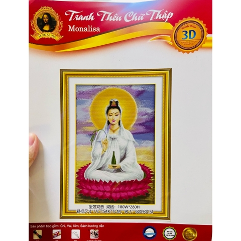 Tranh thêu kín Quan âm (thêu 3 sợi), kích thước 54x77 cm