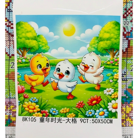 Tranh thêu kín 4 sợi vịt con đáng yêu 8K105, kích thước 50x50 cm, 9ct
