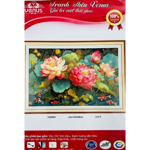 Tranh thêu kín Hoa sen tươi sắc VS8960, kích thước 50 x 80 cm