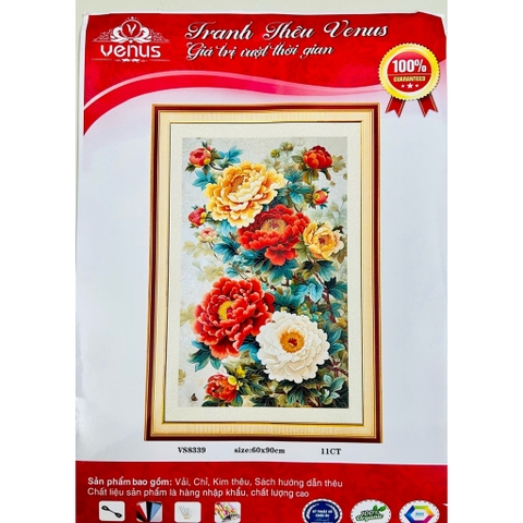 Tranh thêu kín Hoa mẫu đơn VS8339, kích thước 60  x 90 cm