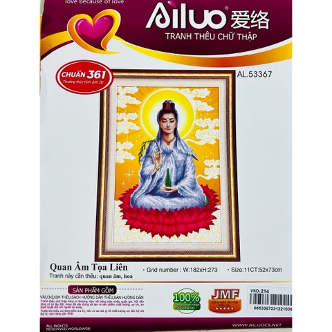 Tranh thêu chữ thập Quan âm ngồi tòa sen AL53367, kích thước 52 x 73 cm, thêu 3D