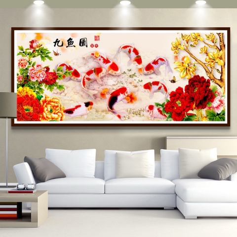 Tranh thêu kín Cửu ngư đồ DW1206, kích thước 120x 52 cm