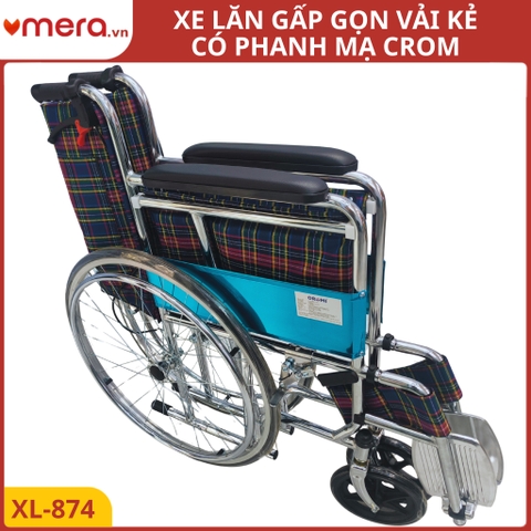Xe Lăn Gấp Gọn Có Phanh Tay Khoá Bánh (Ghế Vải Kẻ Thoáng Khí, Khung Crom) - OROMI XL-874