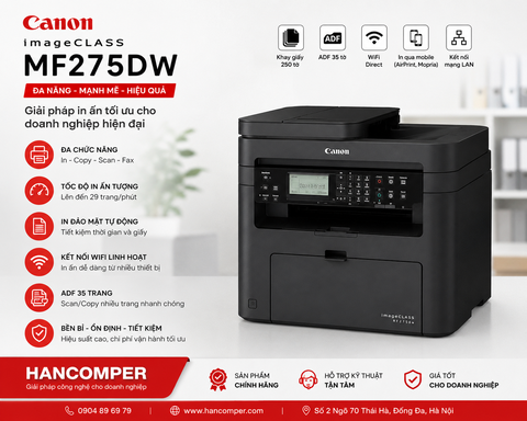 Máy in laser đen trắng Canon MF275dw NK (A4/A5/ In/ Copy/ Scan/ Fax/ Đảo mặt/ USB/ LAN/ WIFI)