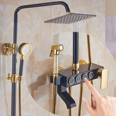 Bộ sen cây tắm nóng lạnh vàng đen 4 nút cao cấp GIORMANI SC31 có vòi sịt rửa tiện dụng