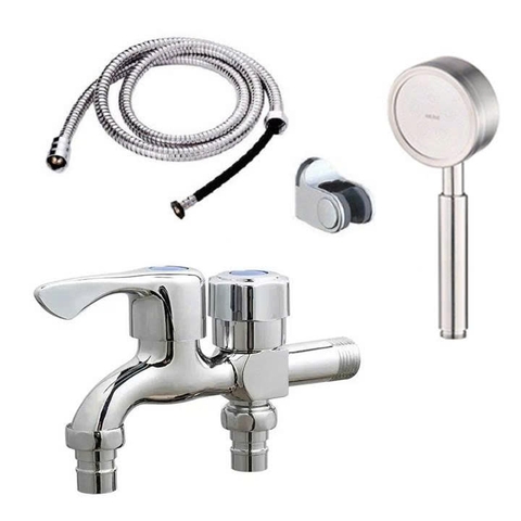 Vòi nước đôi cho máy giặt, Bộ củ sen tắm lạnh kết hợp bát sen tăng áp inox 304 SL01-VHS06 kèm dây và đế cài