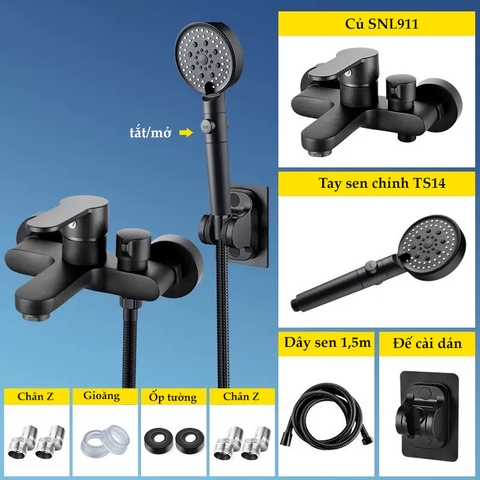 Bộ sen tắm nóng lạnh cao cấp kiểu mới mạ đen GIORMANI SNL911 kèm tay sen chỉnh chế độ, tăng áp tùy chọn SNL911-VHS14