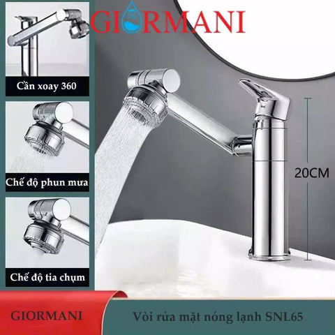 Vòi rửa mặt, vòi lavabo nóng lạnh cần xoay 360 2 chế độ nước GIORMANI SNL65 kèm đôi dây cấp nước inox