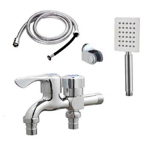 Vòi nước đôi cho máy giặt, Bộ củ sen tắm lạnh GIORMANI kết hợp bát sen vuông inox SL01-VHS10 kèm dây và đế cài