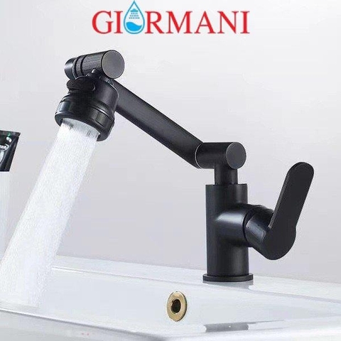 Vòi lavabo, vòi rửa mặt GIORMANI nóng lạnh cần xoay 360 độ  mạ đen SNL50 kèm đôi dây cấp inox