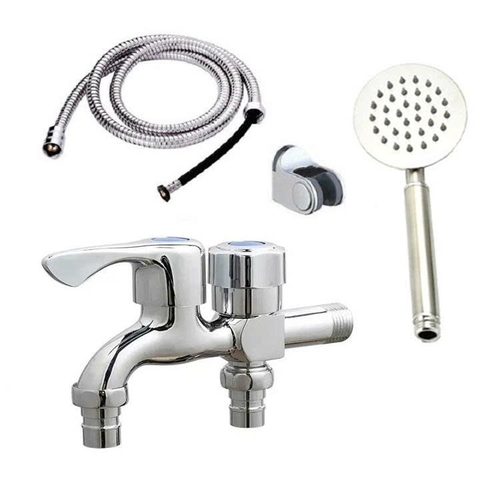 Vòi nước đôi cho máy giặt, Bộ củ sen tắm lạnh GIORMANI kết hợp bát sen tròn inox SL01-VHS09 kèm dây và đế cài