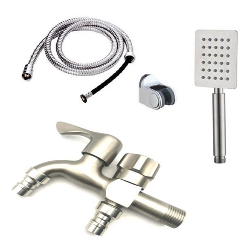 Vòi nước đôi cho máy giặt, Bộ củ sen tắm lạnh GIORMANI inox kết hợp bát sen vuông inox SL02-VHS10 kèm dây và đế cài