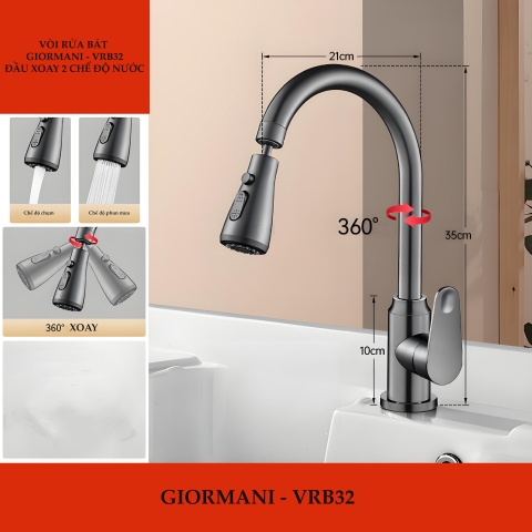 Vòi rửa bát, rửa chén nóng lạnh mạ tintan đầu vòi xoay 360 hai chế độ nước tiện dụng VRB32 kèm đôi dây cấp nước inox