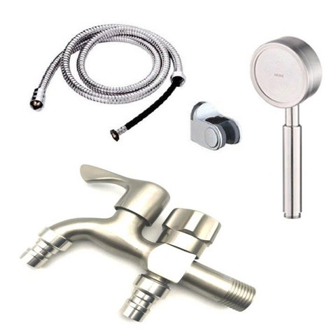 Vòi nước đôi cho máy giặt, Bộ củ sen tắm lạnh inox kết hợp bát sen tăng áp inox SL02-VHS06 kèm dây và đế cài