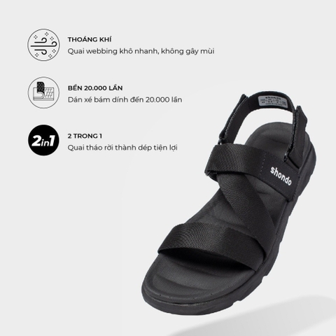 S H O N D O - Giày Dép Sandals Nam Nữ F6 Sport Đen Full - Đi học, đi làm, đi chơi F601