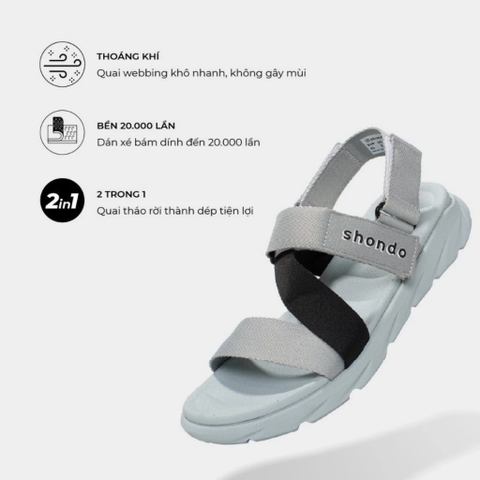 Sandal CHÍNH HÃNG - Giày Sandal SHONDO Dép Quai Hậu Nam Nữ F6 Xám Phối Quai Đen - Đế Phylon, Quai Tháo Gỡ Tiện Lợi.