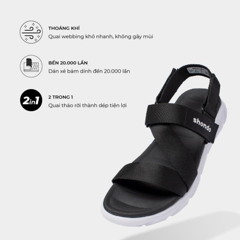 Sandal CHÍNH HÃNG - Giày Sandal SHONDO Dép Quai Hậu Nam Nữ F6 Đen Đế Trắng - Đế Phylon, Quai Tháo Gỡ Tiện Lợi.