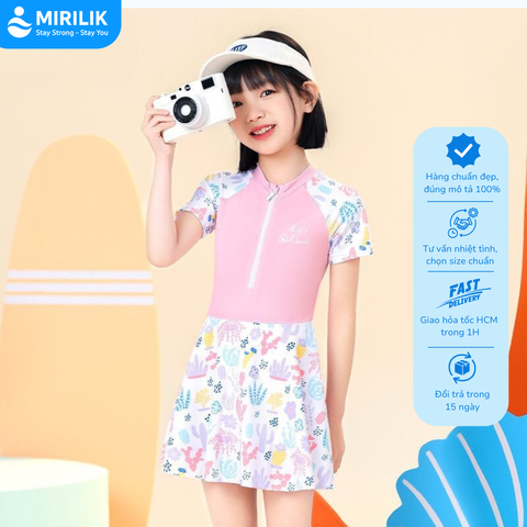 Đầm bơi liền thân bé gái tay ngắn màu tím Pastel váy bơi YUKE họa tiết cầu vồng dễ thương Mirilik
