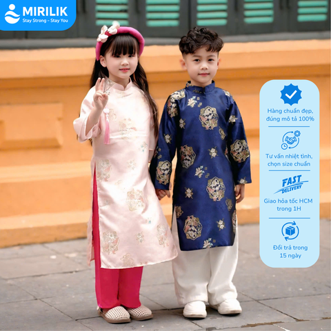 Áo Dài Bé Trai Áo Dài Bé Gái Tết 2026 Màu Hồng Màu Xanh Đáng Yêu Cho Bé Diện Tết Mirilik