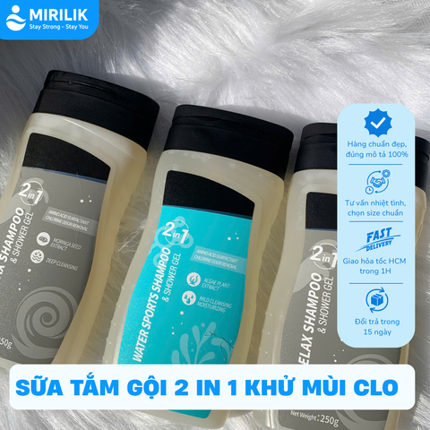 Sữa tắm và Dầu gội 2 trong 1 dành cho người đi bơi khử mùi CLO hồ bơi làm mềm da 93ml - Mirilik