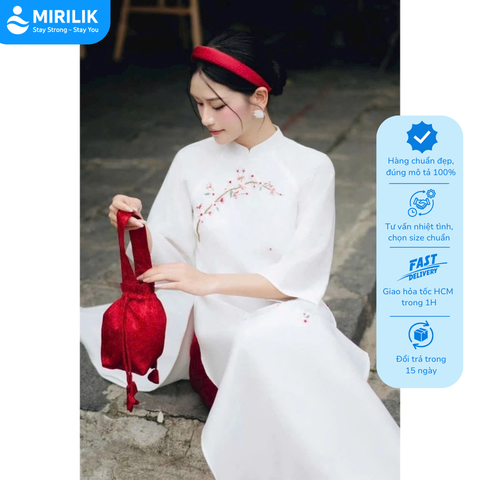 Áo dài nữ trắng thêu hoa Áo dài Tết 2026 cách tân dáng suông vải đính kết thủ công cao cấp Mirilik