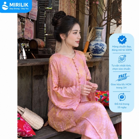 Áo bà ba pháp phục chất liệu tằm ánh kim sang trọng họa tiết chữ Thọ form dáng suông 2027 Mirilik