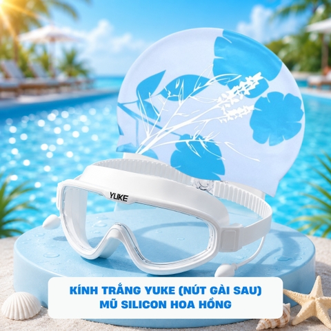 Combo Kính Yuke Lớn - YUKE Trắng Nón Hoa Xanh (Nút Gài sau)