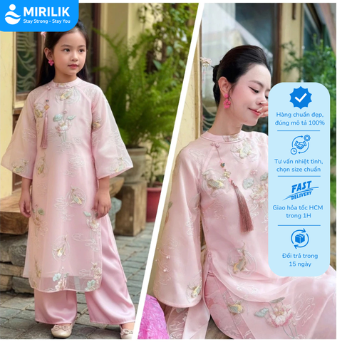 Áo Dài Mẹ Áo Dài Bé Gái Màu Hồng Dễ Thương Hình Hoa Sen Áo Dài Têt 2026 Sang Trọng Mirilik House