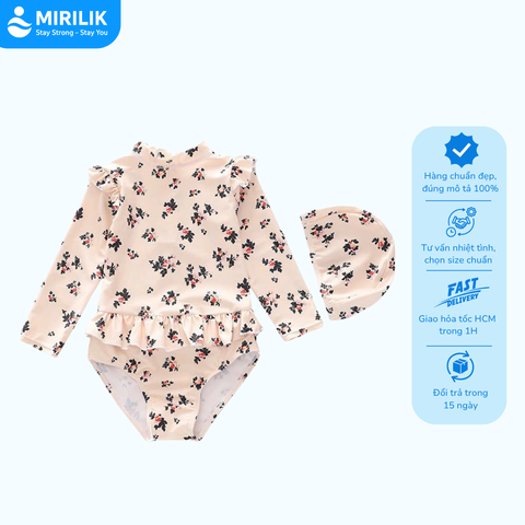 Đồ bơi bé gái tay dài 8-25kg kèm nón - Bộ jumpsuit bơi hoa nhí dễ thương YIBAIDU YURIPROMAX