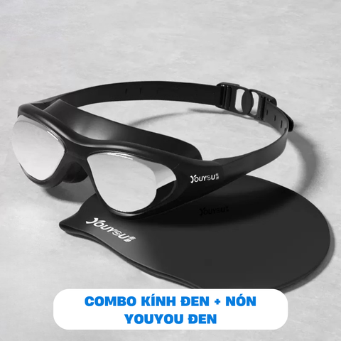 Combo Kính bơi YouYou MM - Kính Đen + Nón Đen