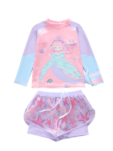 Bộ đồ bơi bé gái tay dài quần bơi ngắn bé gái từ 15 - 35kg hình nàng tiên cá 2 lớp đi bơi MIRILIK