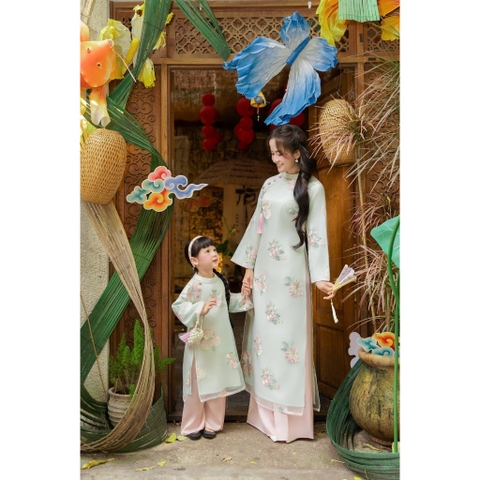 Áo Dài Yên Hoa Mẹ và Bé Áo Dài Gia Đình Cao Cấp Thêu Hoa Nổi Áo Dài Mẹ Bé Diện Tết Chụp Ảnh Yuriprom