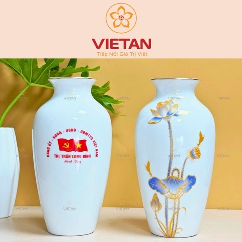 Bình Hoa Sen Xanh Kẻ Vàng In Logo BH08