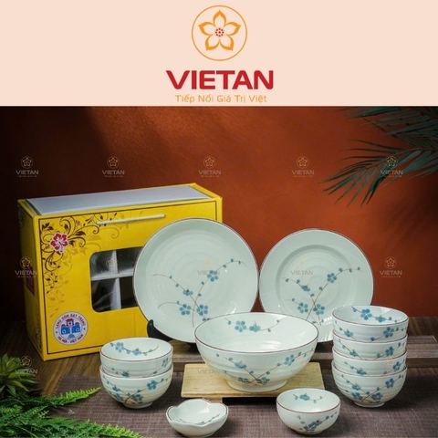Bộ Bát Đĩa Bát Tràng Cao Cấp 11 Món Hoa Đào Xanh BBD04