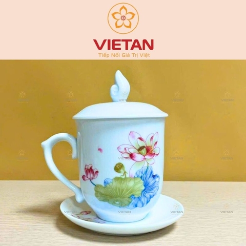 Ly Sứ Có Nắp In Logo Họa Tiết Sen Nước LCS07