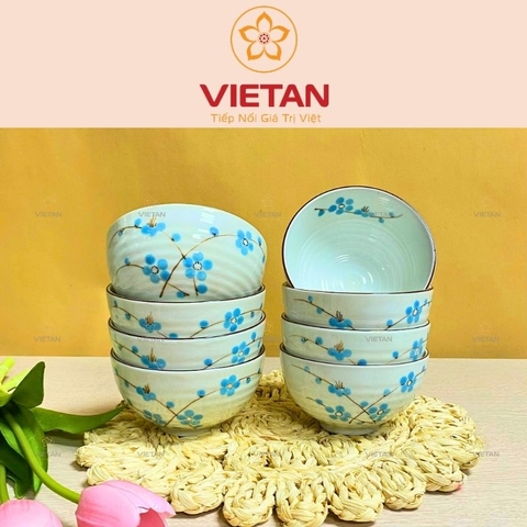 Bộ Bát Ăn Cơm Bát Tràng Hoa Đào Xanh BBD12 (Set 6/10 bát)