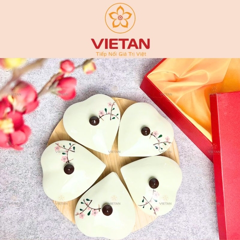 Khay Mứt 5 Cánh Hình Trái Tim Cao Cấp Hoa Đào Hồng Đế Gỗ KM03