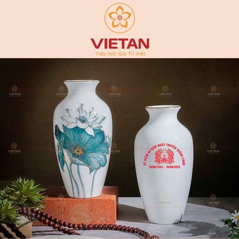 Bình Hoa Bát Tràng Sen Xanh Kẻ Vàng Cao Cấp BH03