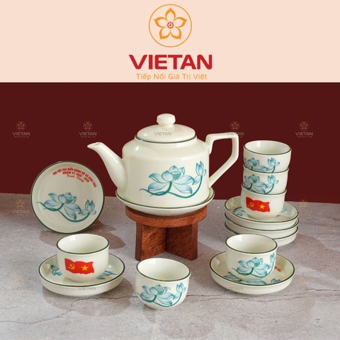 Bộ Ấm Chén Bát Tràng In Logo Men Kem Hoa Sen Xanh BAC02