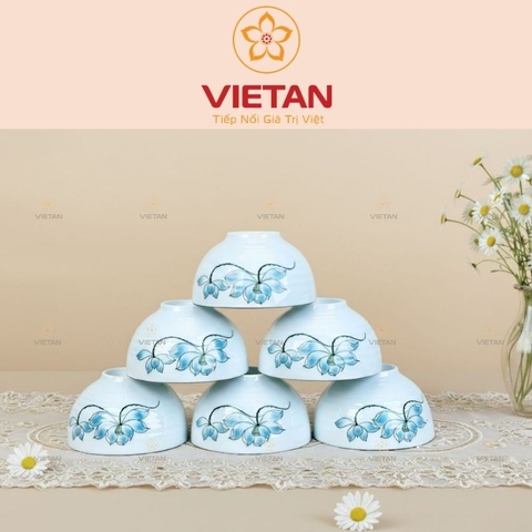 Bộ 6 Bát Ăn Cơm Bát Tràng Men Trắng Hoa Sen Xanh BBD07