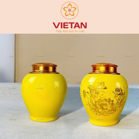 Hũ Đựng Trà Màu Vàng Dáng Bầu Hoa Sen HDT01