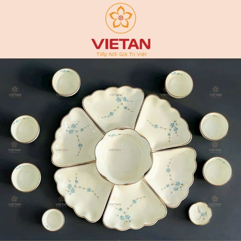 Bộ Bát Đĩa Hoa Mặt Trời Bát Tràng Hoa Đào Xanh BBD03