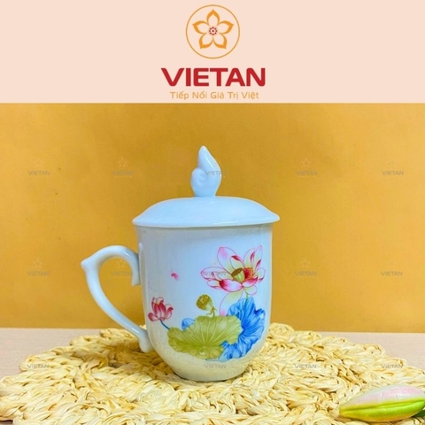 Ly Sứ Có Nắp In Logo Họa Tiết Sen Nước LCS07