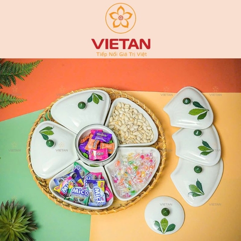 Khay Mứt 5 Cánh 6 Hũ Lá Ngò Gai Khay Mây KM04