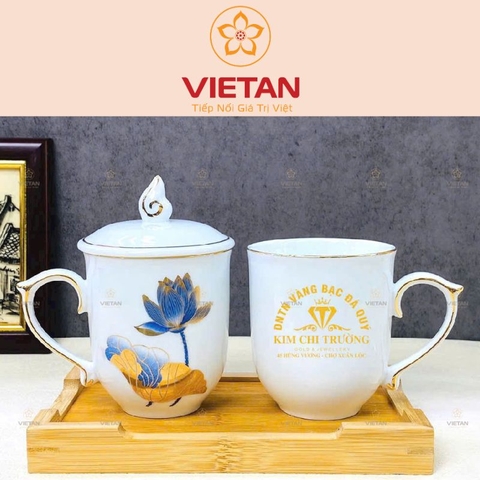 Ly Sứ Bát Tràng Cao Cấp Có Nắp Vẽ Vàng Hoa Sen Xanh LCS02