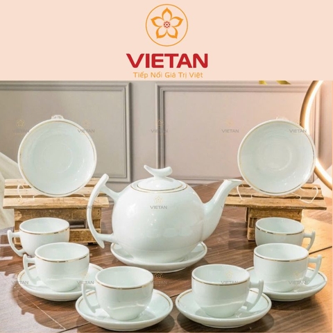 Bộ Ấm Trà Sứ Trắng Vẽ Vàng Kim Cao Cấp Dáng Trăng Khuyết BAC04