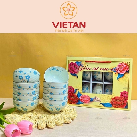 Bộ Bát Ăn Cơm Bát Tràng Hoa Đào Xanh BBD12 (Set 6/10 bát)