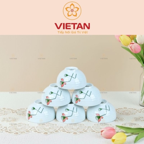 Bộ 6 Bát Ăn Cơm Bát Tràng Đài Sen Men Trắng BBD06